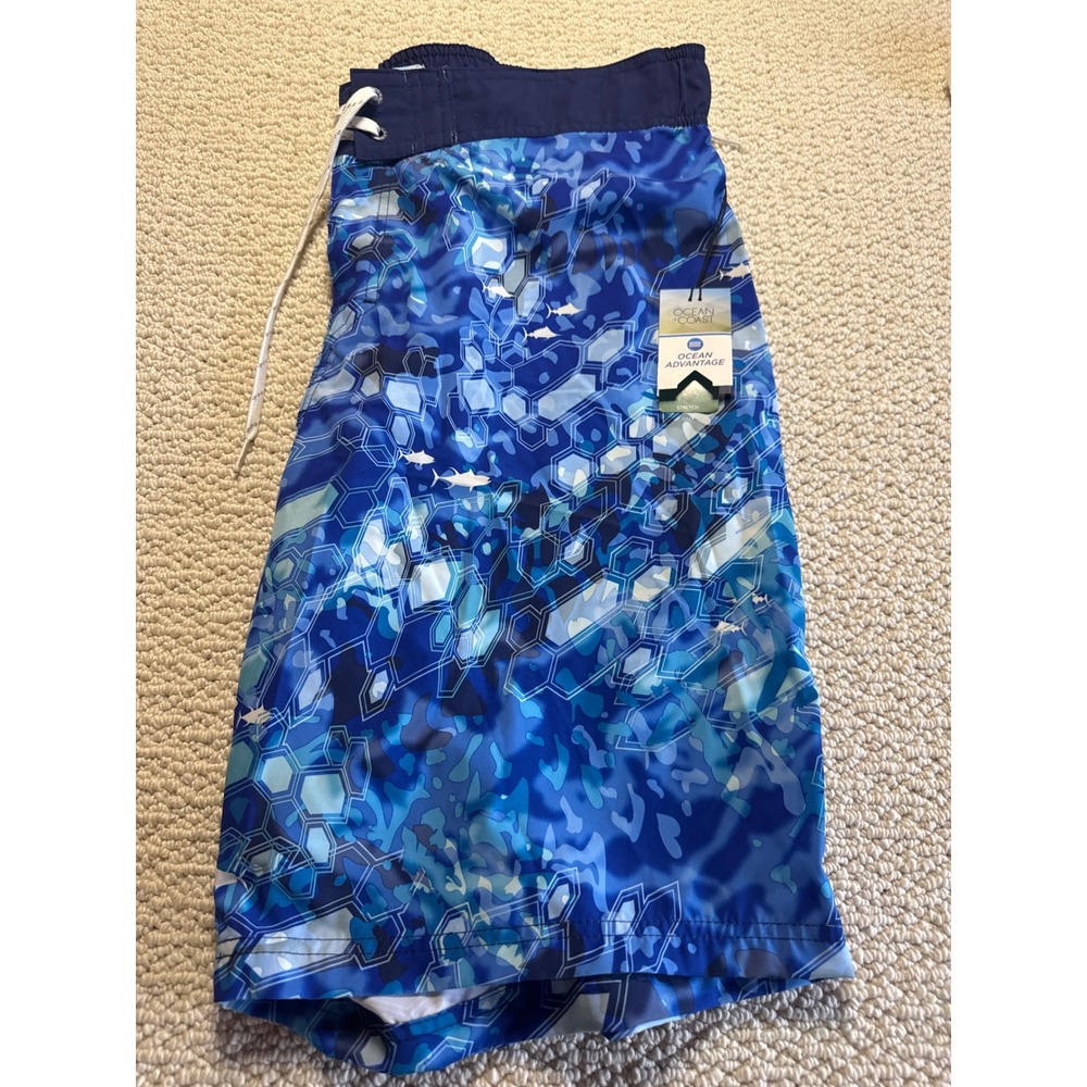 Ocean Coast Ocean Advantage Board Shorts Blue Rain Size XL Geometric Shark Print